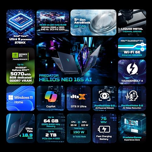 acer Predator Helios Neo16S AI, Intel Ultra 7 255HX Processor,RTX 5060-8 GB GDDR7,16 GB/1 TB, WQXGA OLED, 16.0"/40.64 cm, 240Hz, Win 11 Home,Abyssal Black,2.3 kg,PHN16S-71,RGB KB,Gaming Laptop